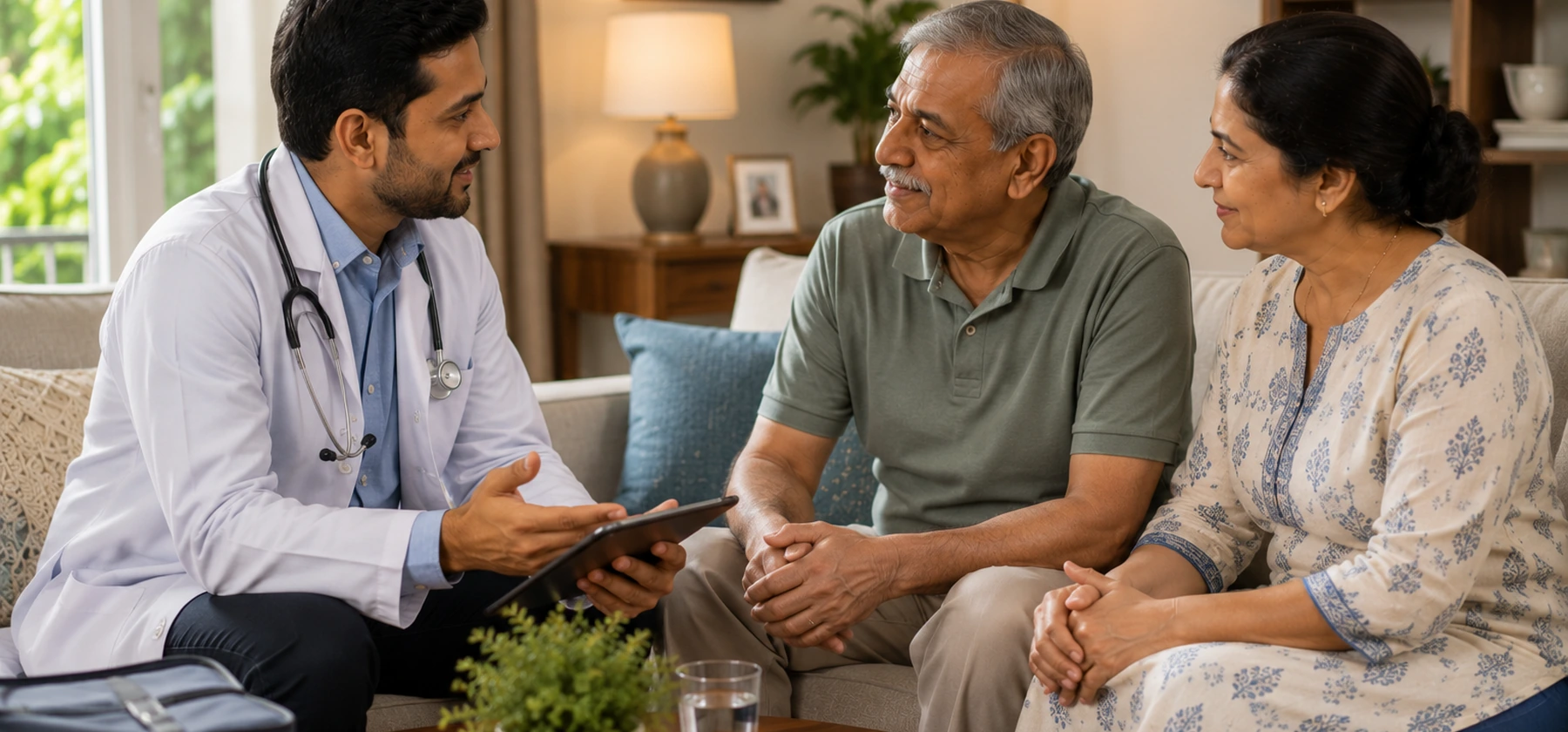 A doctor discussing care with an older Indian couple at home