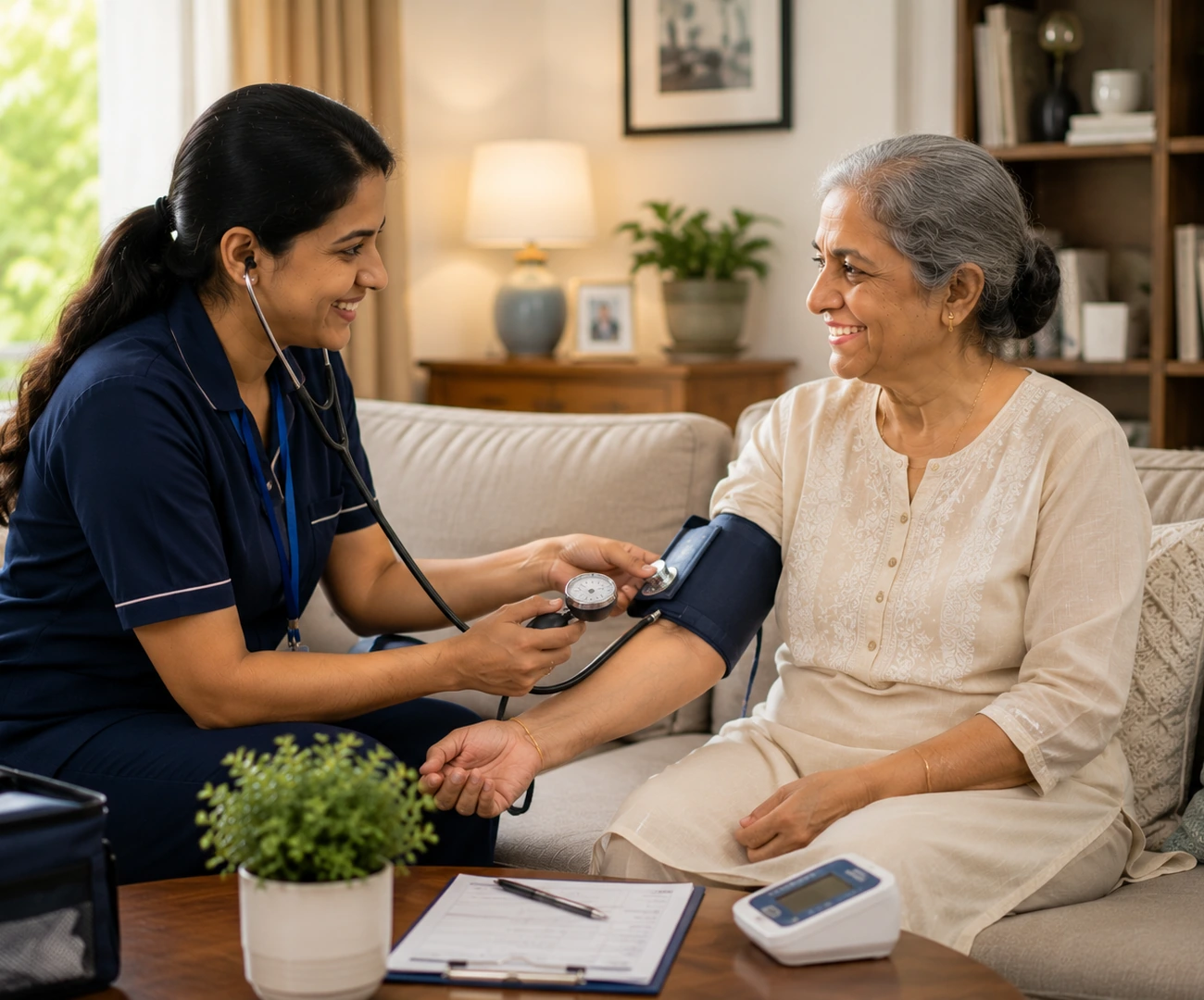 A nursing professional checking an older adult during a home visit