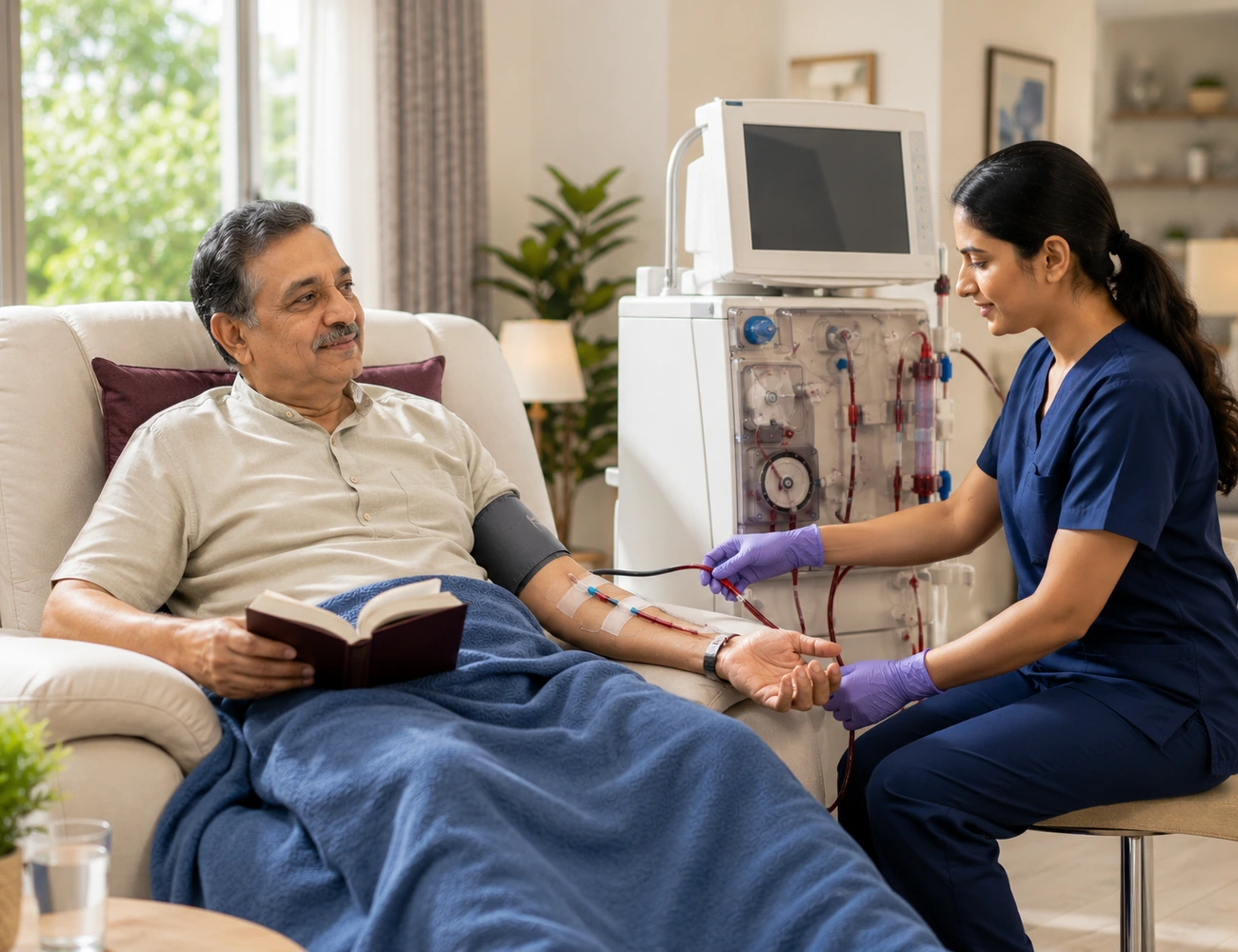 A healthcare professional supporting an older adult during Home Hemodialysis