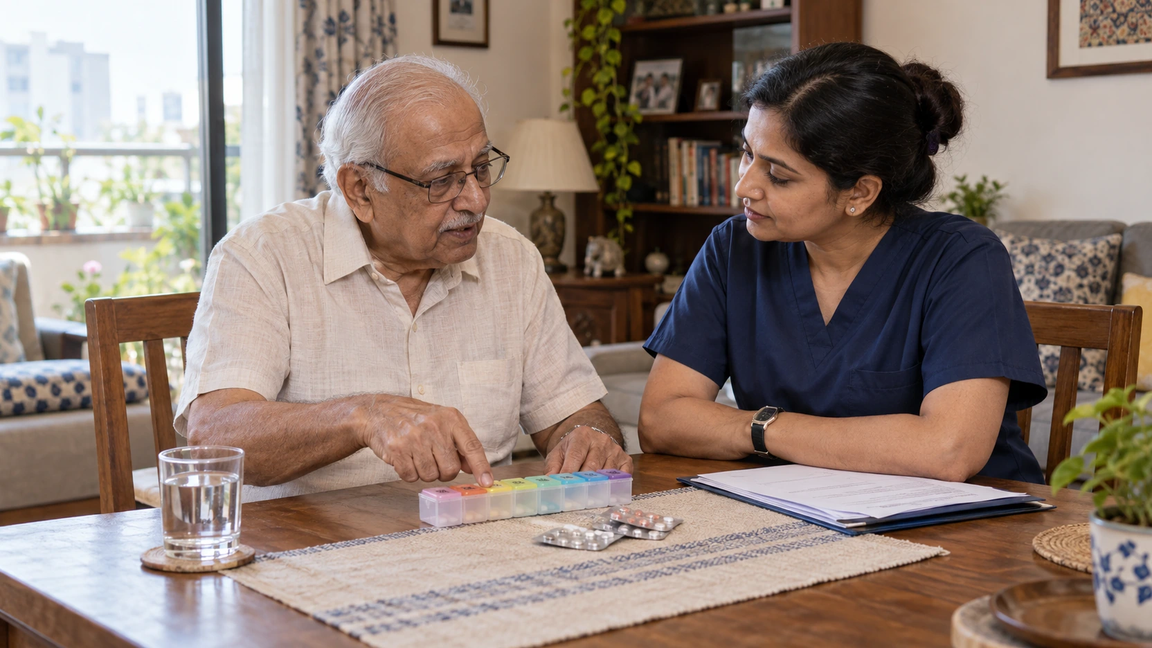 An older man reviews his weekly medicine organiser with a nurse at his dining table.