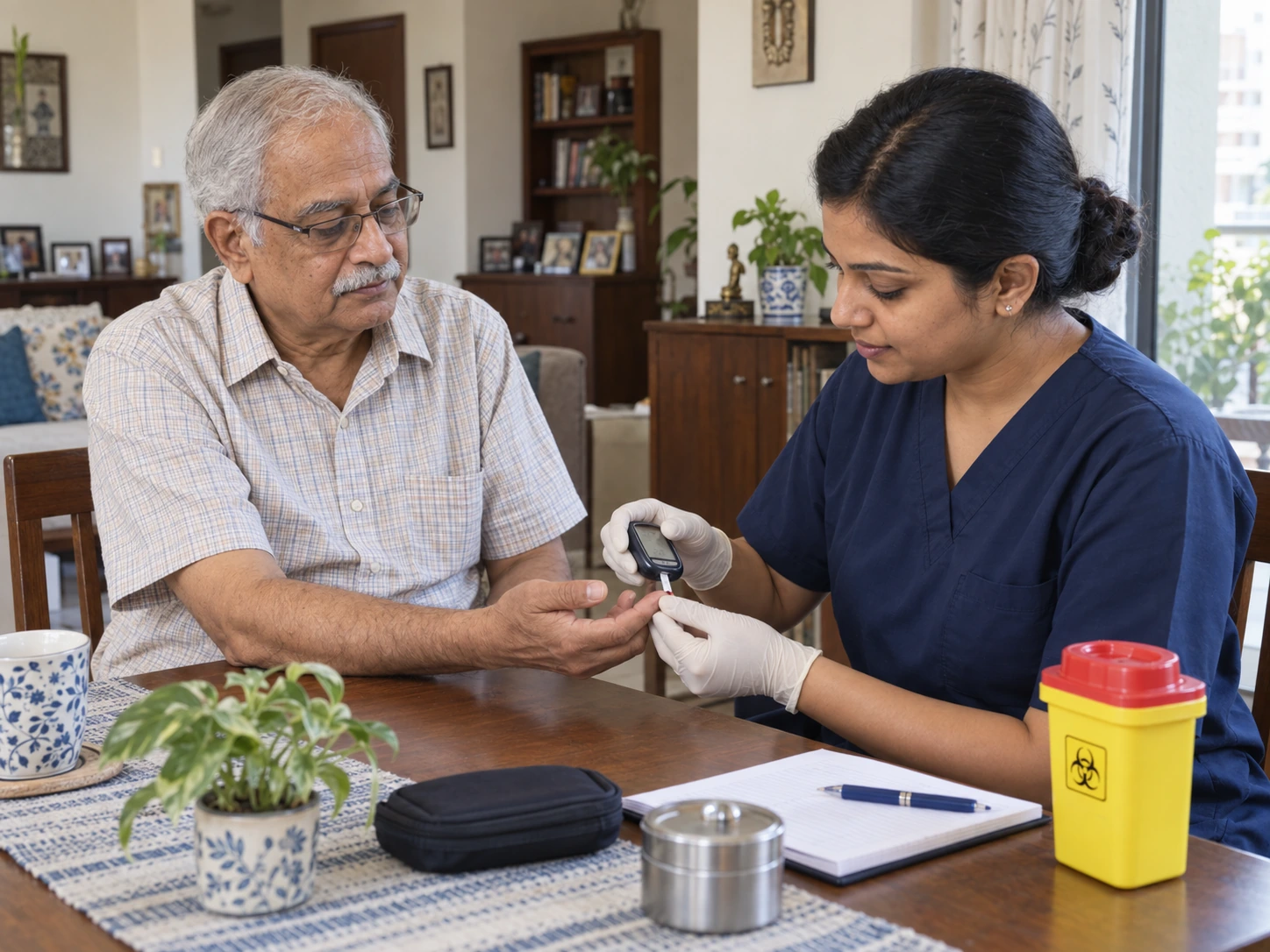 A nurse checks an older man’s blood glucose at home, with a logbook ready beside them.