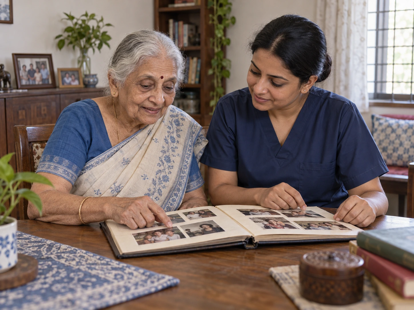 An older woman and a nurse look through a family photograph album together at home.
