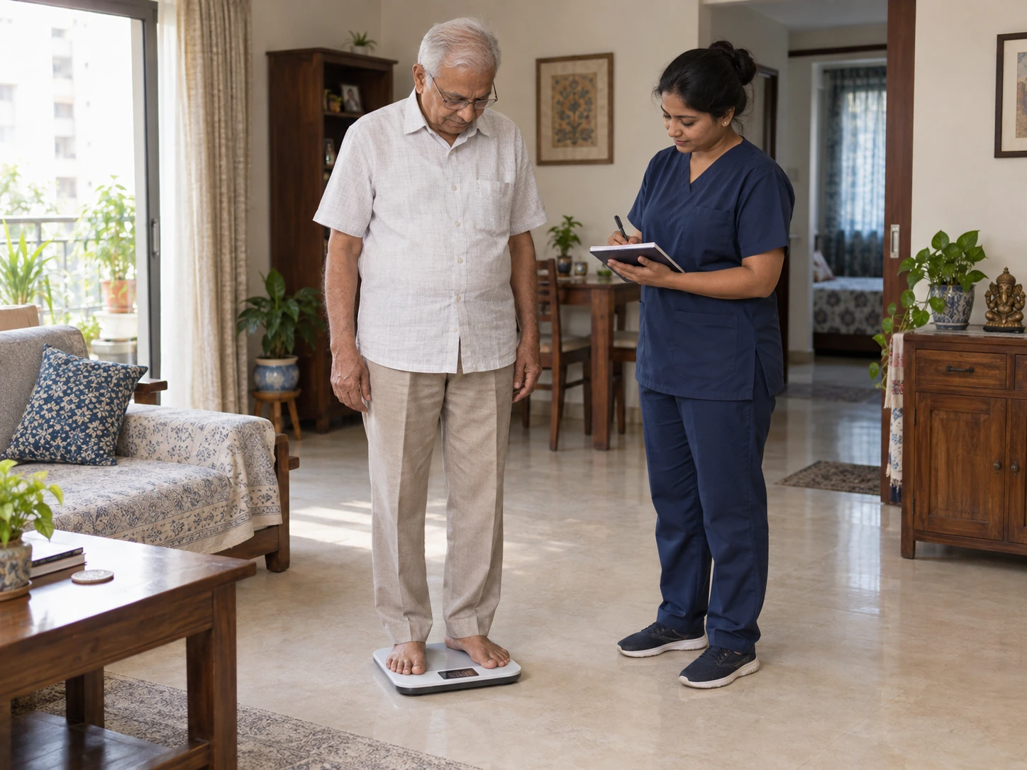A nurse records an older man’s weight during a routine home visit.