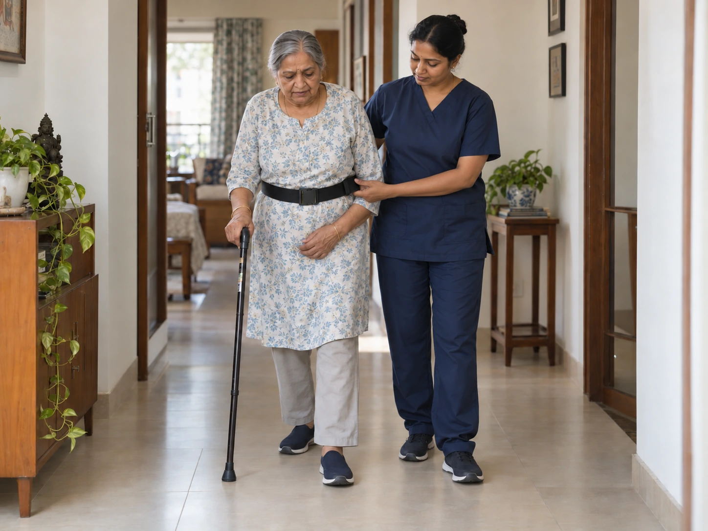 A nurse supports an older woman as she practises walking with a stick in her home corridor.
