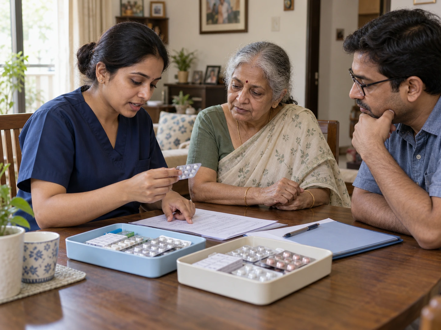 A nurse reviews medicine strips against discharge paperwork with a patient and family member at home.